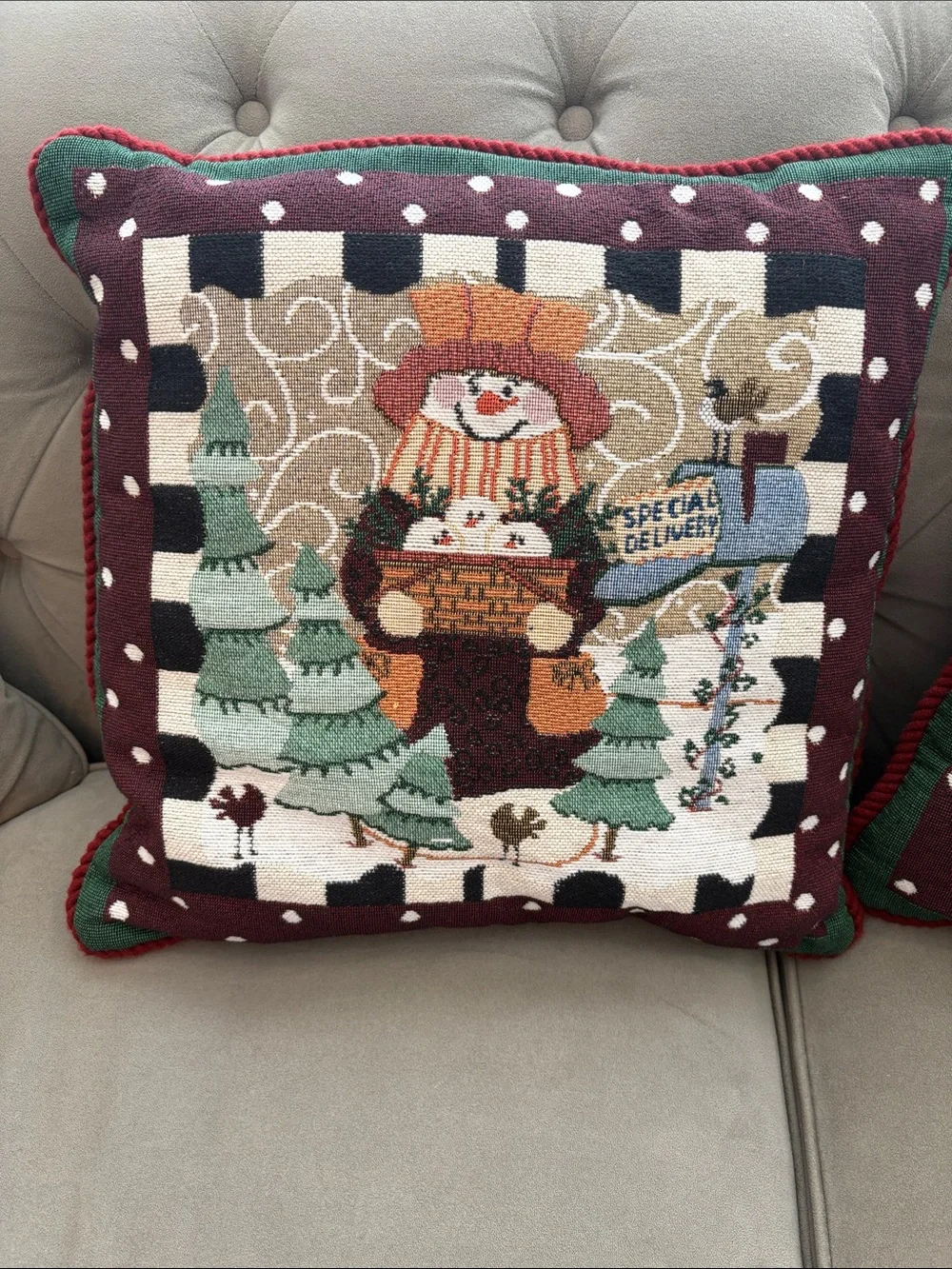 Holiday Snowman Tapestry Throw Pillow Pair Burgundy & Green 18x18” Christmas